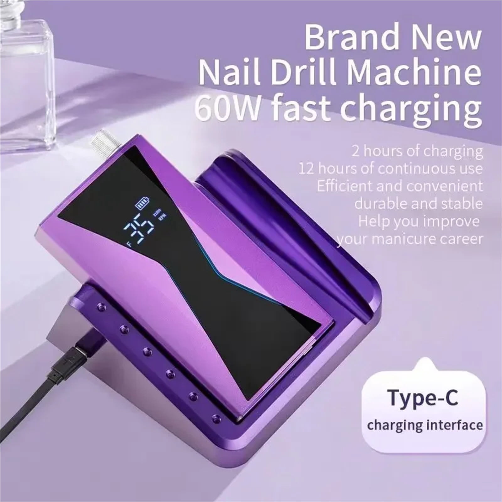40000RPM Electric Nail Drill Machine 85W Handle Manicure Portable Polishing Tool Nail Drill Rechargeable Nail Art