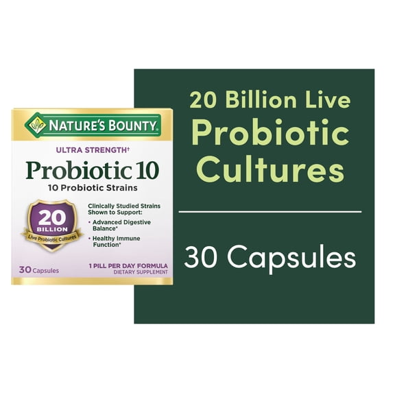 Nature's Bounty Ultra Strength Probiotic 10, Digestive, Immune, Respiratory Health, 30 Capsules