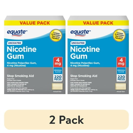 (2 pack) Equate Nicotine Uncoated Gum 4 mg, Stop Smoking Aid, Original Flavor, 220 Count
