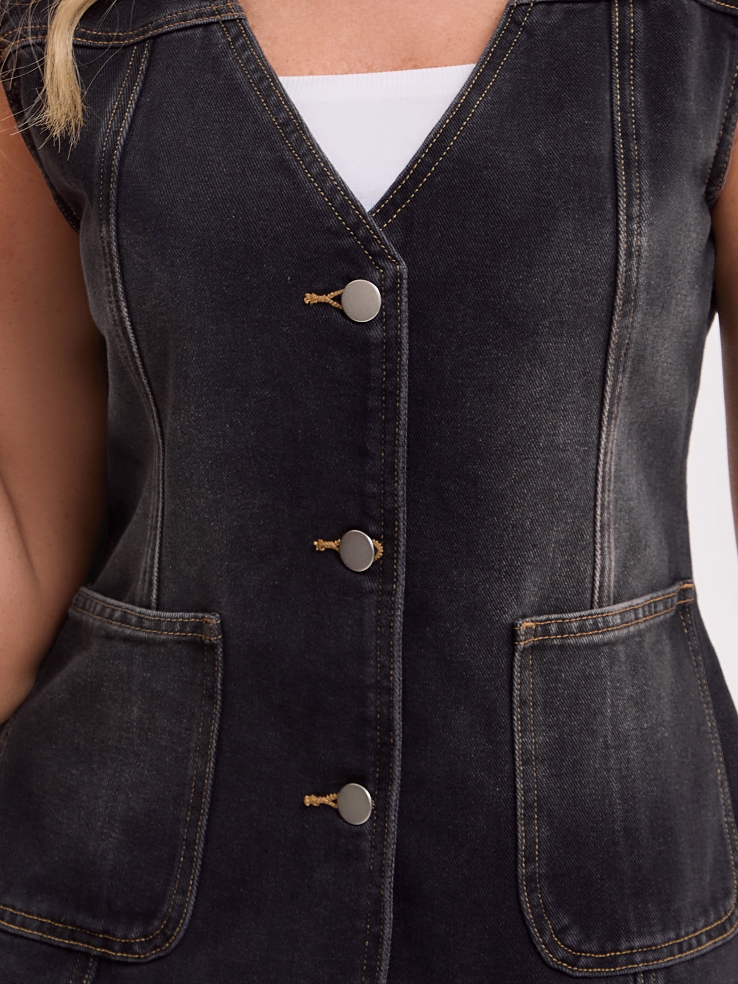 DARING DIVA Women's V Neck Patch Pockets Button Down Sleeveless Jacket M Black