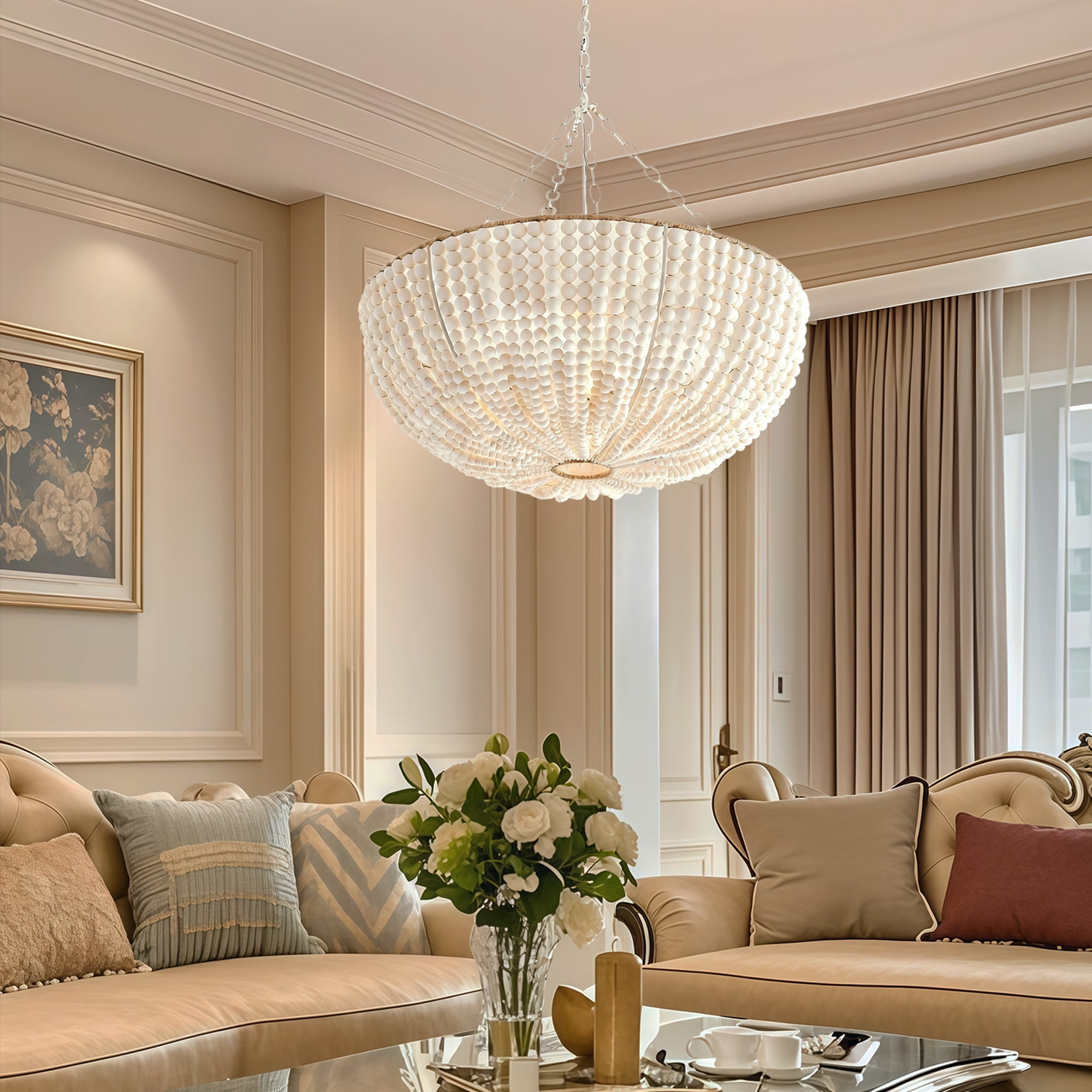Coastal Ivory Round Wood Bead Chandelier, Natural Ceiling Lamp, Elegant Ceiling Light, Hand-weaved Light Fixture over Kitchen Island, for Living Room, Dining Room, Bedroom