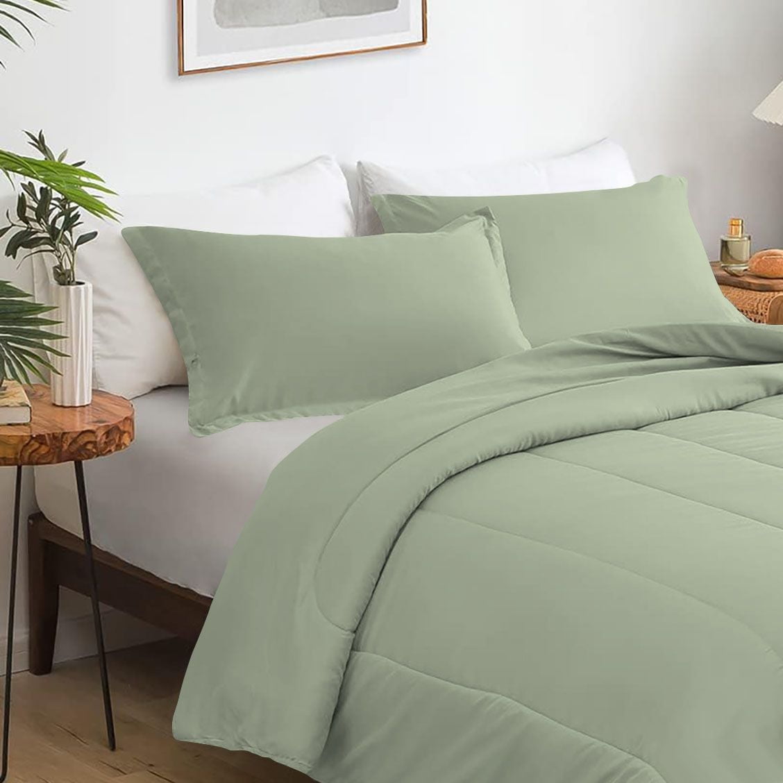 3 Piece Luxury Thicker Pattern Comforter Set, 800 TC, 100% Egyptian Cotton, King/California King Size Light Sage Solid Color