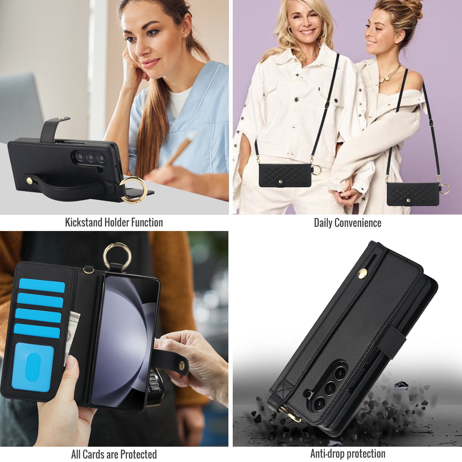REQO Flip Phone Case for Samsung Galaxy Z Fold 6,Multifunctional Leather Wallet Cover with Wrist Strap Long Shoulder Strap RFID Blocking Case,Black