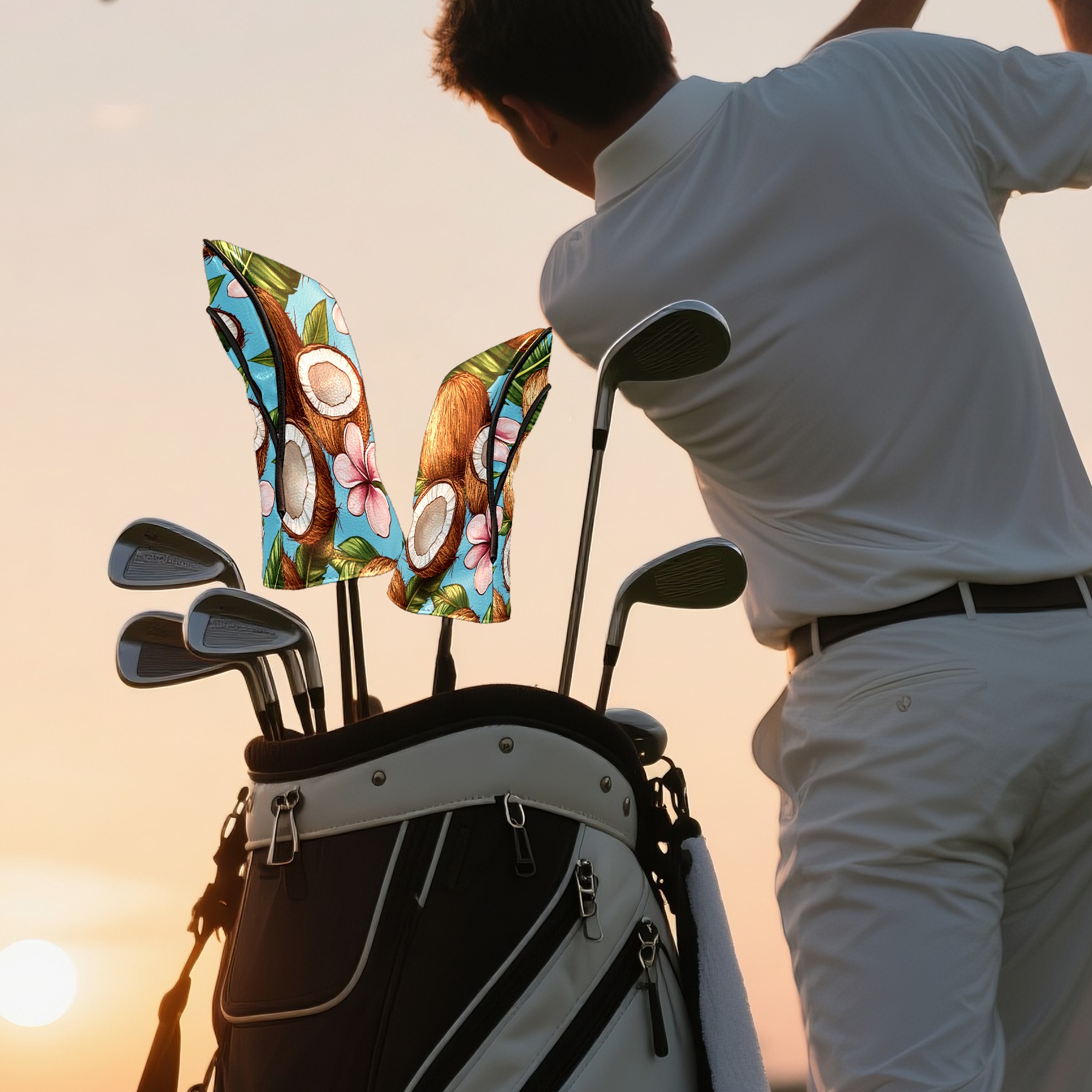 Golf Club Covers PU Leather Waterproof Head Covers for Fairway Woods Hybrids Coconut Flowers