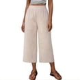 thumbnail image 2 of Capris Pantalons pour Femmes Chic Décontracté Capris Rayés en Lin pour Femmes Jambe Droite Taille Élastique Robe Décontractée Pantalons Raccourcis pour le Travail Voyage Beige P, 2 of 9