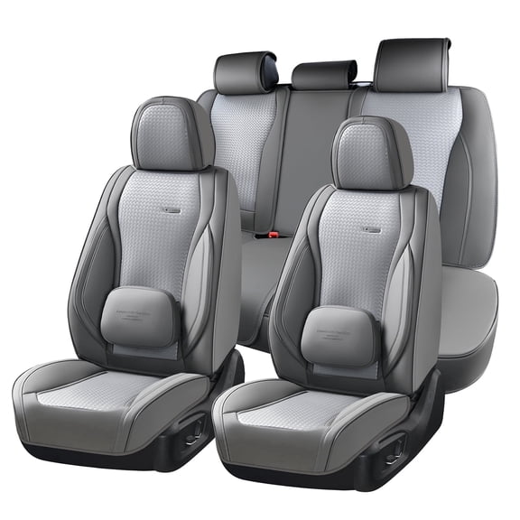 Coverado Car Seat Covers Full Set, Waterproof High-grade Leather Seat Protectors with Lumbar Support, Auto Cushions Universal Fit for Most Cars SUV Trucks, Gray