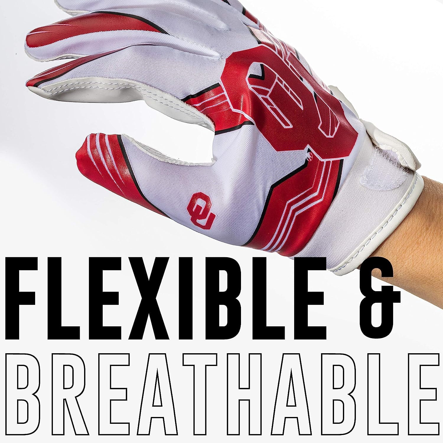 Franklin Sports Oklahoma Sooners Kids Football Receiver Gloves - Youth Official NCAA College Team Football Gloves - Silicone Palm Receiver Gloves for Kids Ages 7 -10 - Youth Small/Extra Small