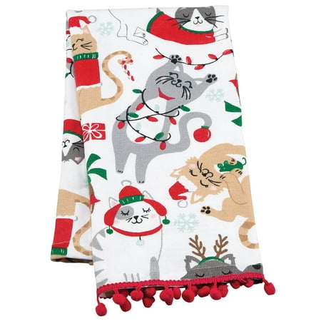 

Festive Kitties Holiday Towel with Poms