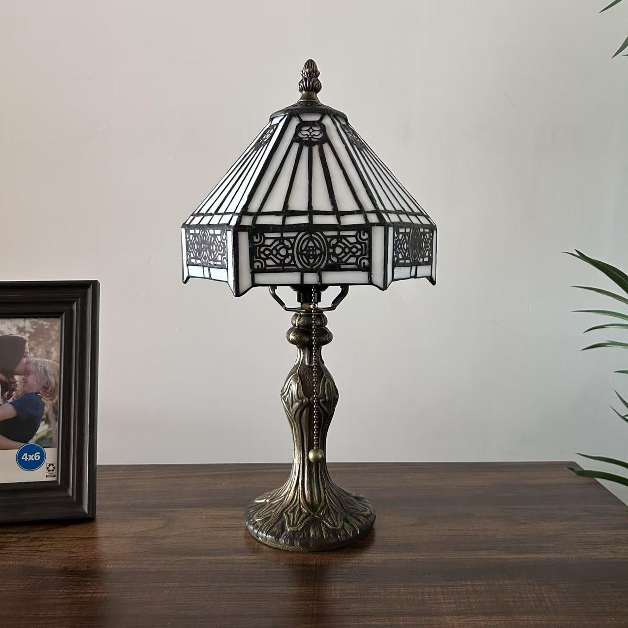 Tiffany Mini Table Lamp White Hexagon Stained Glass LED Bulb Included for Living Room Dining Room Bedroom Bedside 8" D*8" W*15" H