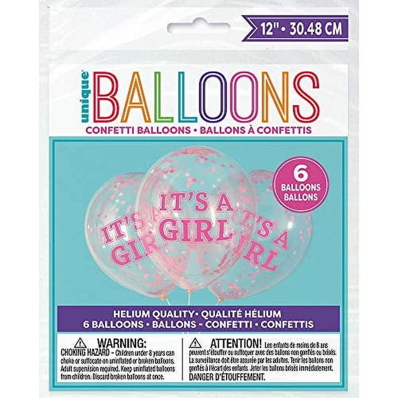 It's A Girl' Clear Latex Balloons WIth Pre-Filled Pink Confetti, 12" (6 Pcs.) - Charming Design, Perfect for Baby Showers & Gender Reveal Celebrations