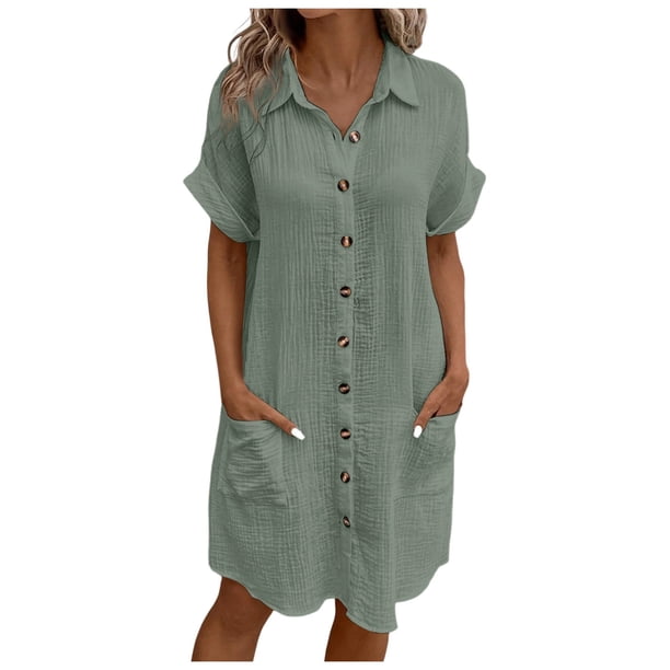 Vestido informal de mujer de color liso con botones y largo medio - Manga corta, corte holgado, cuello en V, prenda versátil para el verano