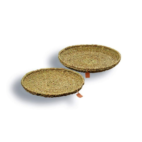 Made By Nature Shallow Basket Trays, Set of 2, Woven Seagrass, Sturdy Wire Framed, Chunky Wicker Weave, Rounds, Oversized 17 3/4 - 19 3/4 Inches Diameter
