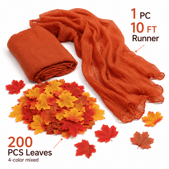 Fake Fall Leaves & Burnt Orange Table Runner Set - 200 Pcs Artificial Autumn Leaves with 10ft Gauze Cheesecloth for Thanksgiving & Wedding Decor