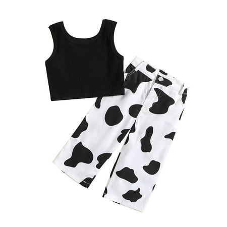 

Solid Color High Waist Vest+Cow Wide Leg Pants Two Piece Set Suitable For Children Aged 1 To 6 Kids Clothes