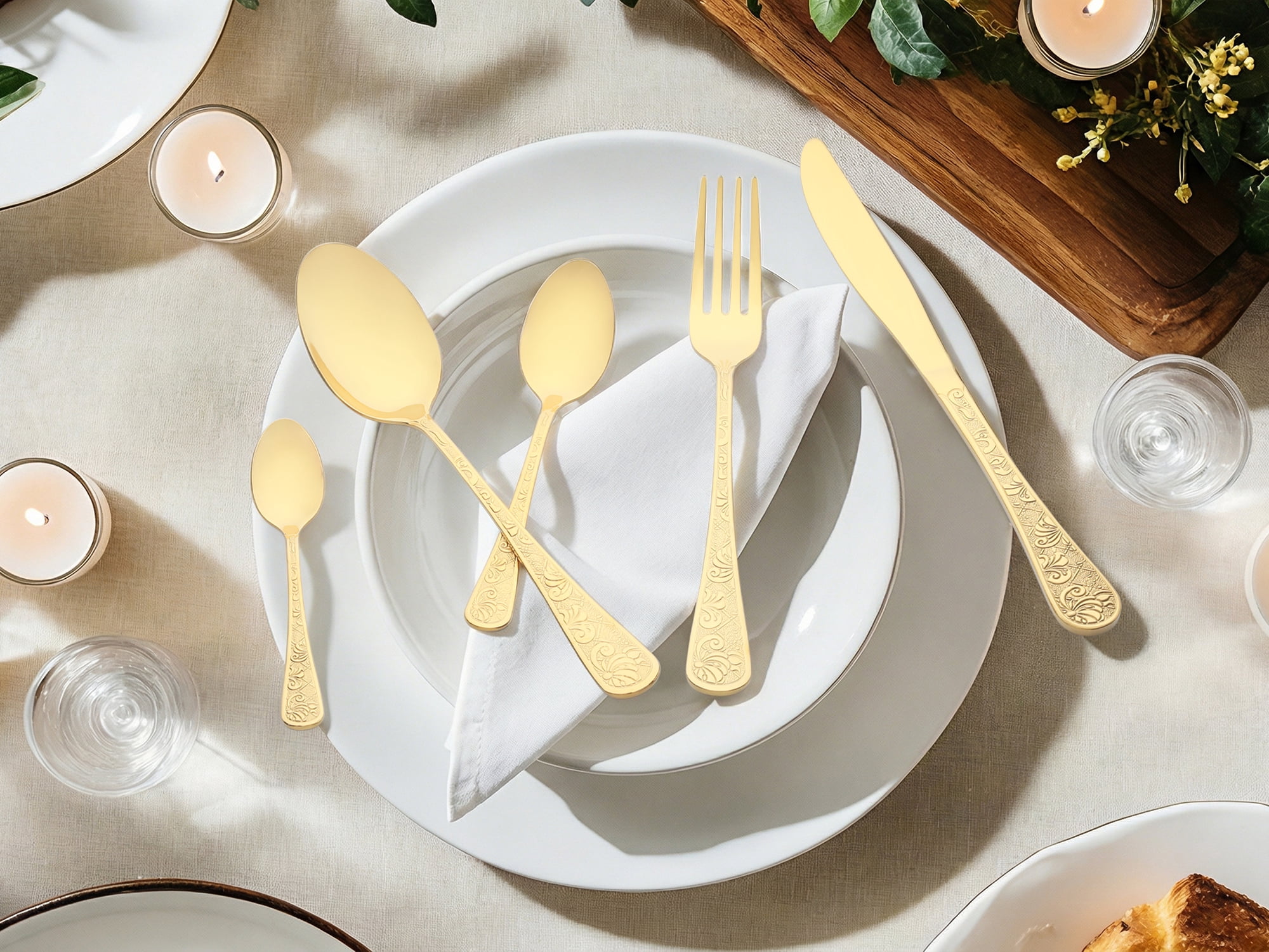 Unique Bargains 20 Piece Silverware Set Stainless Steel Floral Flatware Gold 20