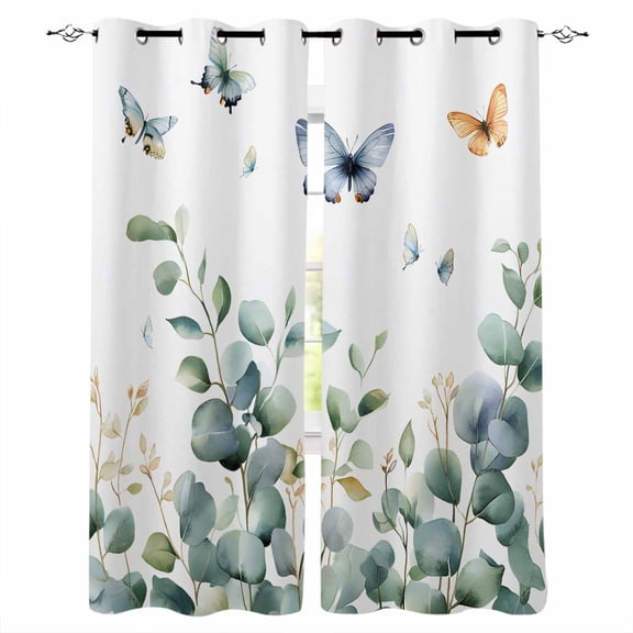 Eucalyptus Blackout Curtains 39 Inches Long for Bedroom, Spring Butterfly Nature Plant Aesthetics Thermal Insulated Room Darkening Black Out Window Curtain Panels Grommet Drapes for Living Room