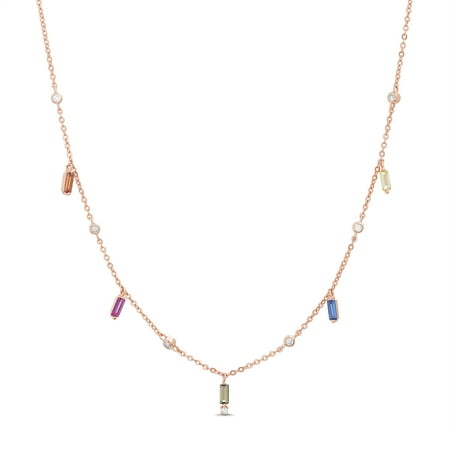 Dangle Multi Chain Necklace - Lesa Michele Women's Multicolored Cubic Zirconia Baguette Shaped Dangle 16