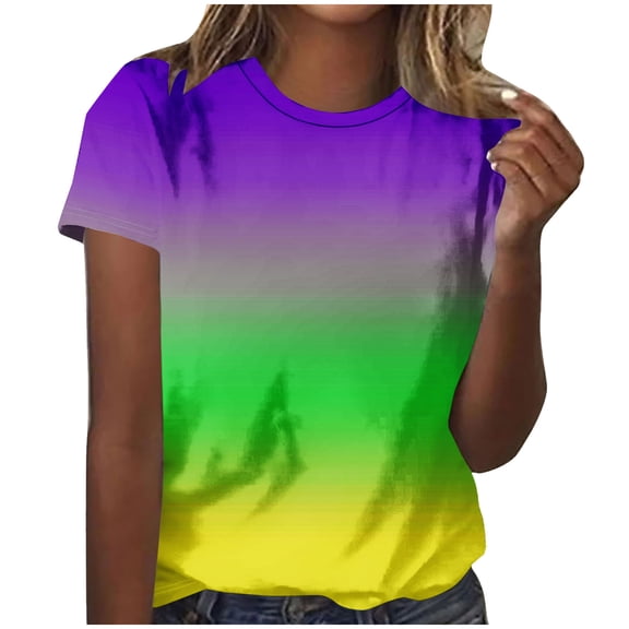 TKLPEHG Mardi Gras Shirts for Women Short Sleeve T Shirts Festival Print Carnival Basic Tee Tops Women's Casual T-Shirts Daily Wear (Green,S)
