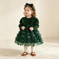 thumbnail image 5 of SUYIDA Girls Velvet Mesh Long Sleeve Dress, Ruffle Bow Sash with Matching Hairband, Elegant Holiday Party Wear for Kids, 5 of 6