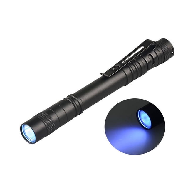 Mini linterna XPE con forma de bolígrafo, linterna LED pequeña con clip, número 7, color morado, batería seca AAA