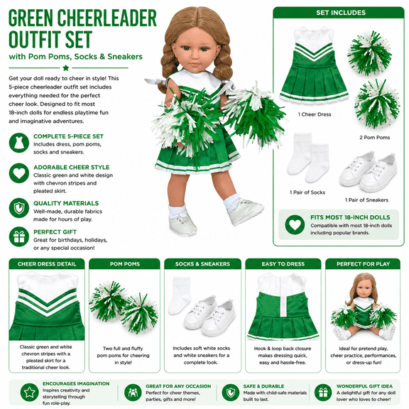 18 Inch Doll Green Cheerleader Outfit Set with Pom Poms, Socks & White Sneakers – Green Cheer Uniform for 18” Dolls