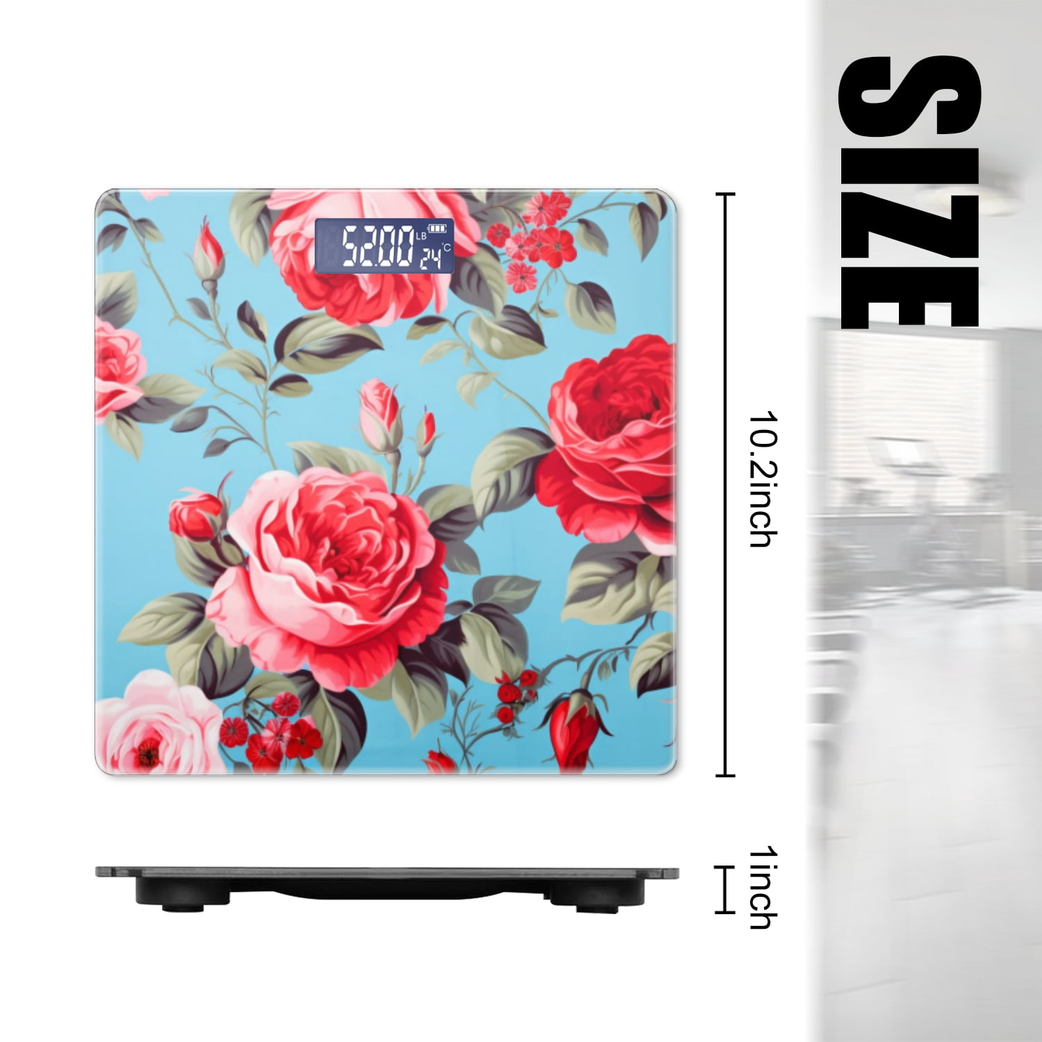 High Precision Body Weight Scale Smart Bathroom Scales with Large LCD Display(400lbs),Decorative for Bedroom-Beautiful Pattern Of Red And Pink Roses On Bright Blue Background
