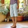 thumbnail image 7 of Josdec Women's Casual Striped Linen Bermuda Shorts Elastic High Waist Straight Leg Knee Length with Pockets for Summer Daily Beach Wear, 7 of 7
