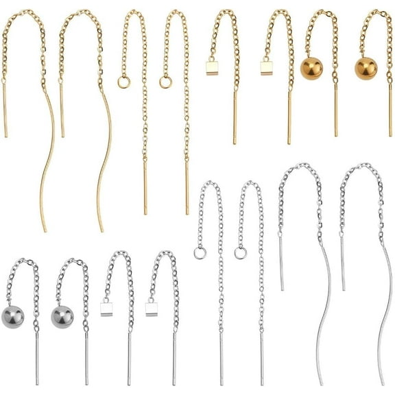 8 Pairs 304 Stainless Steel Chain Stud Earrings 4 Style Cube Round Tassel Earrings Threaded Earrings Stainless Steel Earring Accessories Dangle Chain Earrings Set