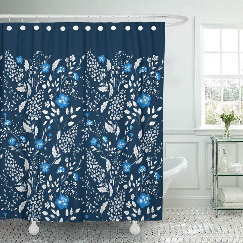 PKNMT the Border of Delicate Little Blue and White Flowers on Navy From