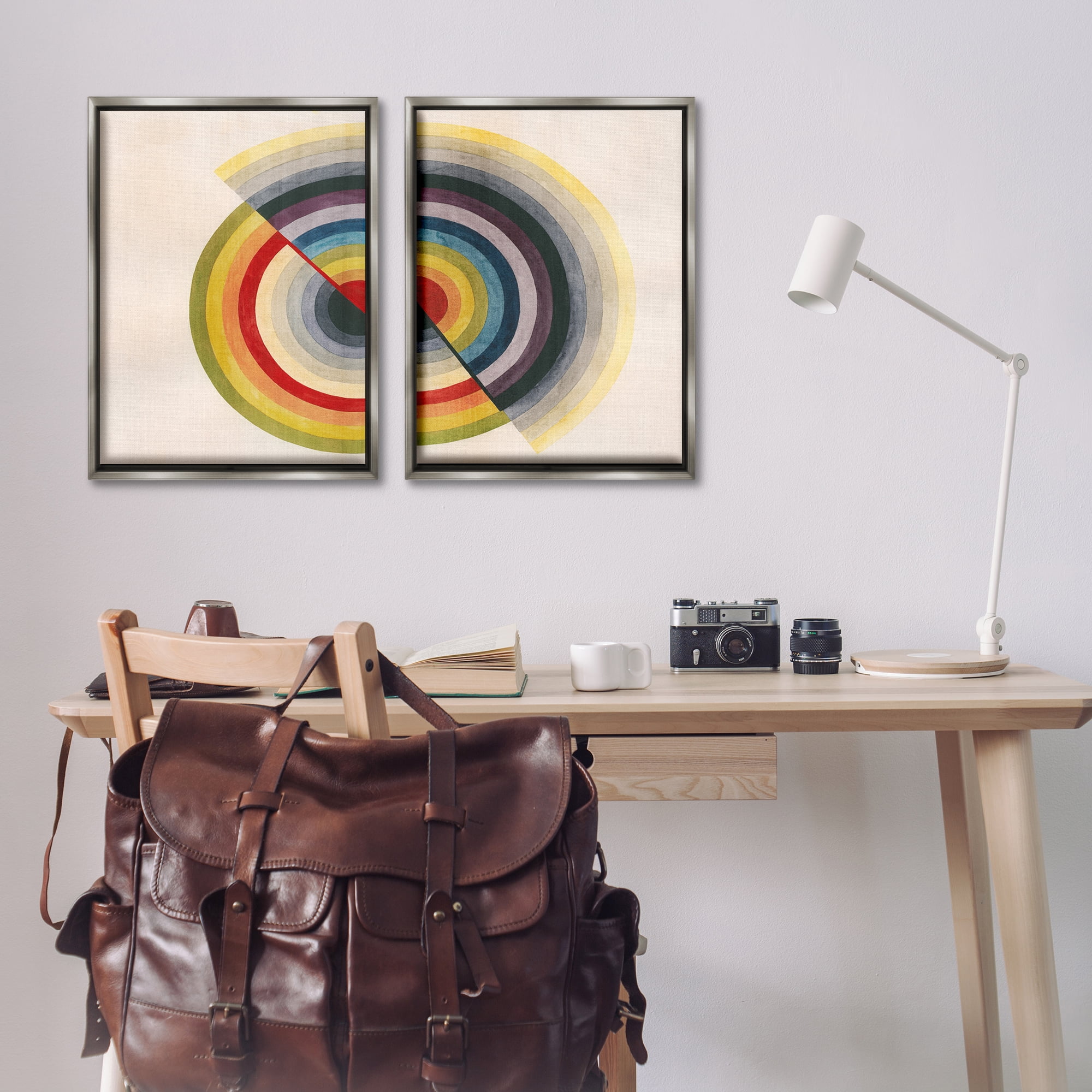 Stupell Industries Fading Round Split Circles Abstract Painting Gray Floater Framed Canvas Art Print Wall Art, 21 x 31, Set of 2