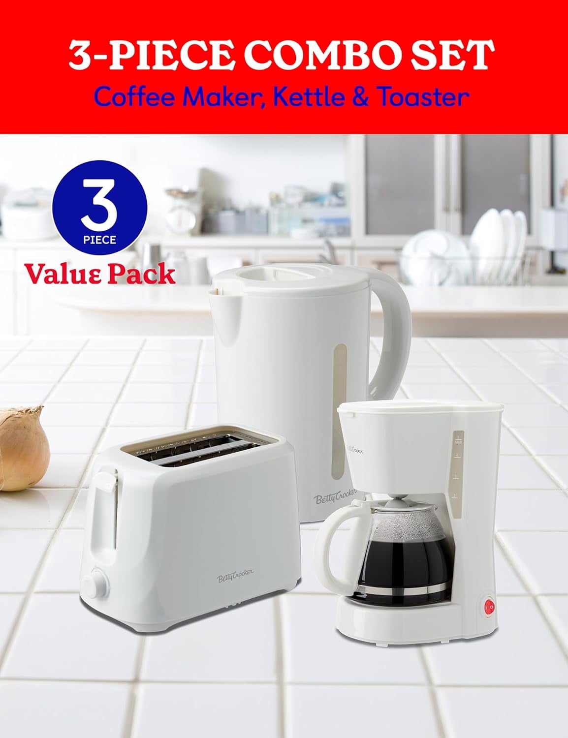 Betty Crocker 3-Piece Kitchen Appliances Set: 5-Cup Automatic Drip Coffee Maker, 1.7L Electric Kettle & 2-Slice Toaster, STRIX Technology Kettle, Cool Wall Housing, BC-4995W, White