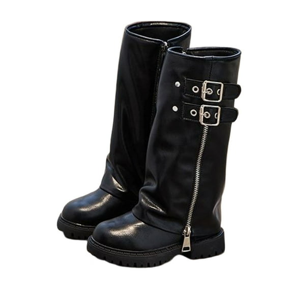 ZACPNCV Cowgirl Boots for Girls Mid Calf Pointed Toe Kid Cowboy Boots with Tassel Fringe Low Heel Warm Fleece Riding Shoes Black