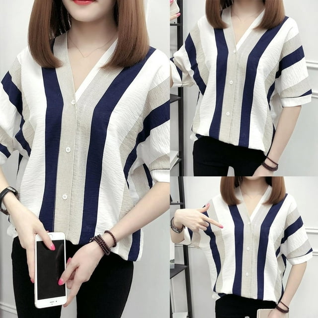Haut Femme Mode Chemise Rayée Manches Courtes Col en V Blouse Décontractée Ample