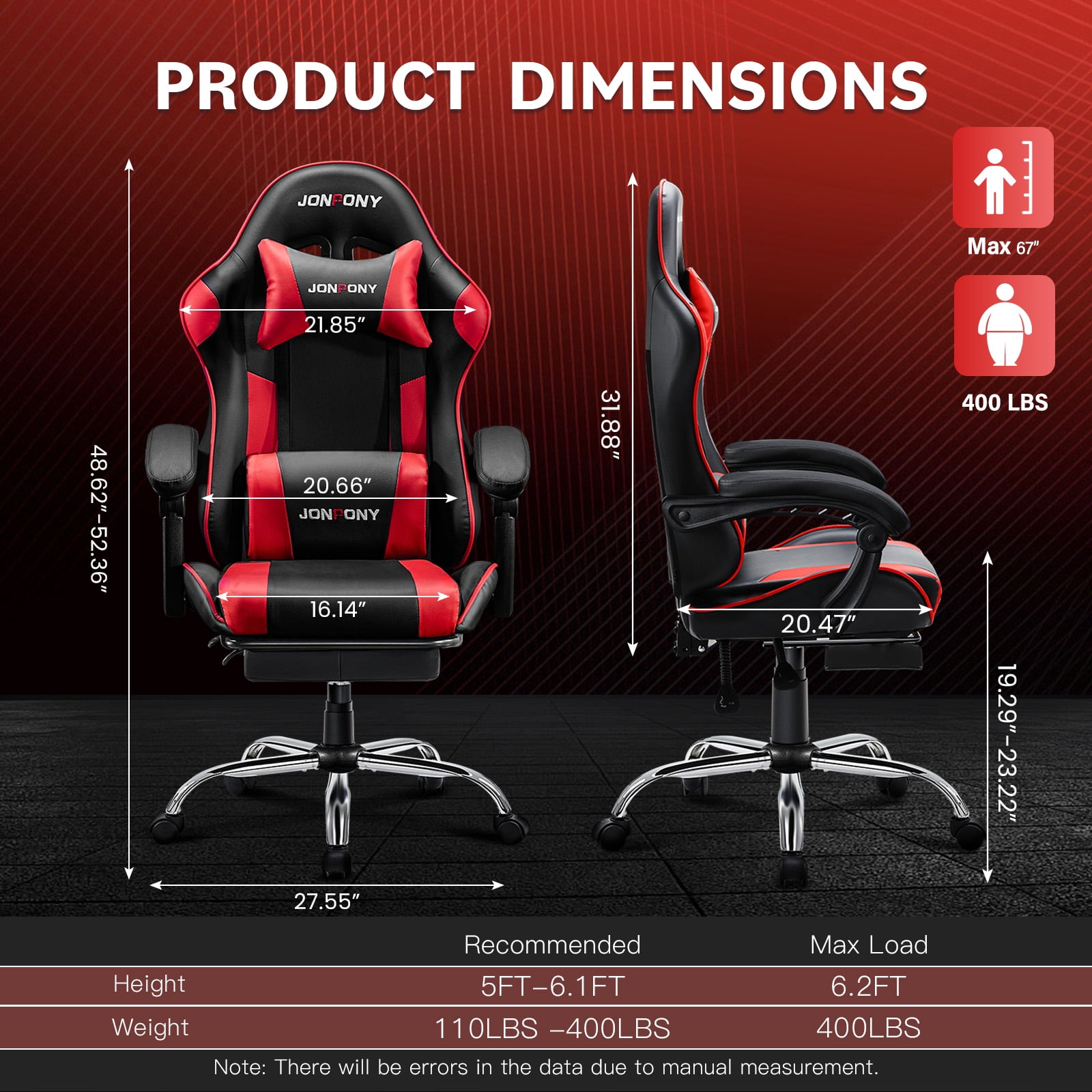 JONPONY Big and Tall 400LBS Gaming Chair, Ergonomic Design, Gamer Chair PU Leather with Footrest and Lumbar Support, High Back Office Chair Support 8 Hours Long Sitting, Computer Chair,Black Red