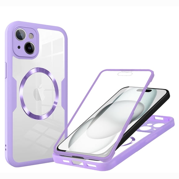 for iPhone 14 Plus Case Clear, Magnetic Case with Screen Protector, Compatible with MagSafe, Not Yellowing Shockproof Full Body Protection Slim Transparent Phone Case for iPhone 14 Plus, Purple