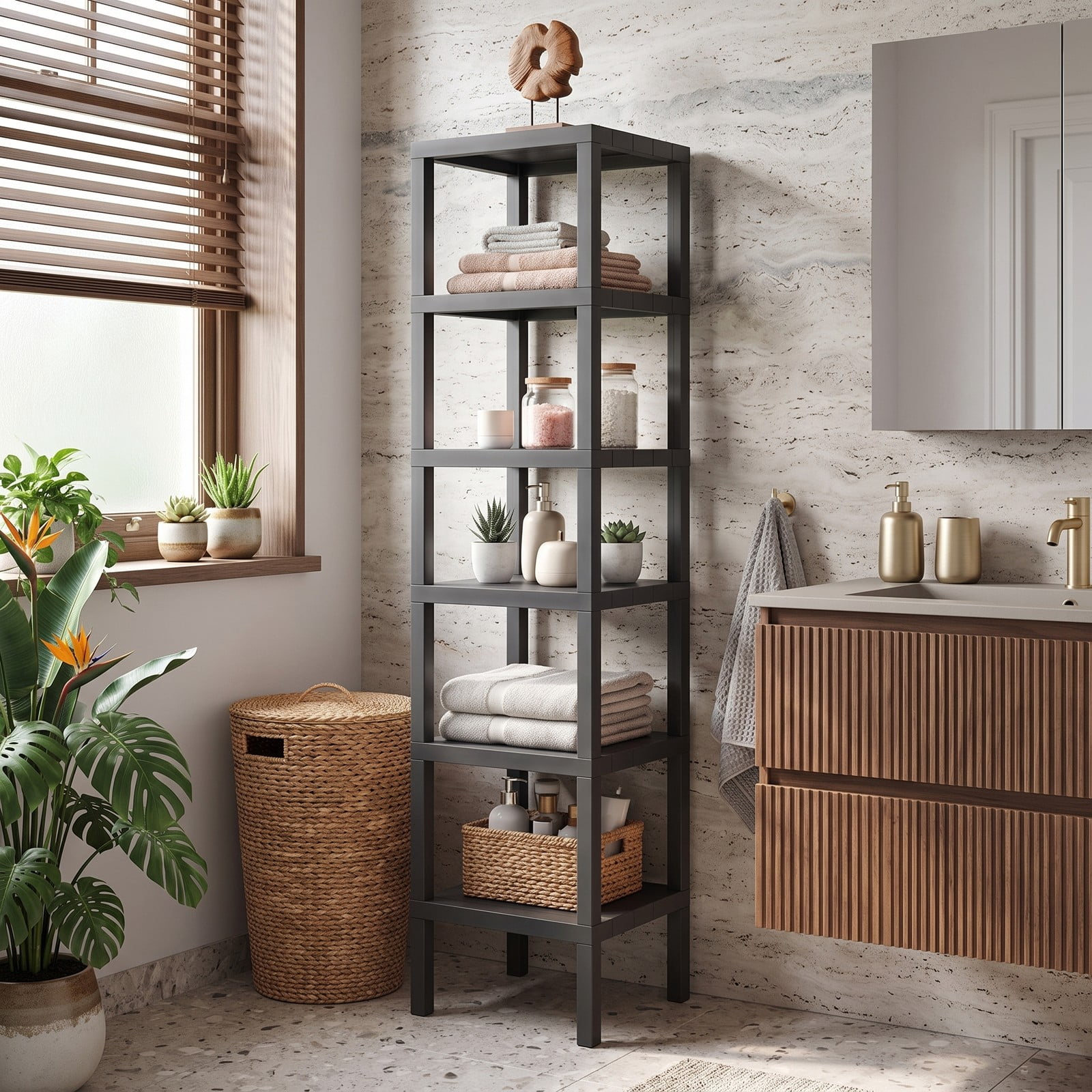 Biotree 6-Tier Plastic Modular Storage Shelves, Freestanding Open Shelving Rack Organizer for Living Room, Kitchen, Bathroom and Garage, Tool-Free Assembly, Gray
