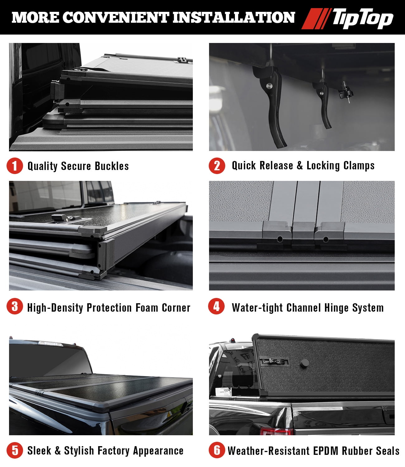TIPTOP Tri-Fold Hard Tonneau Cover Truck Bed FRP On Top For 2007-2024 CHEVY Silverado 1500 & GMC Sierra 1500 with 6.6ft Bed (78.9") |Not for CarbonPro Bed| TPM3 |