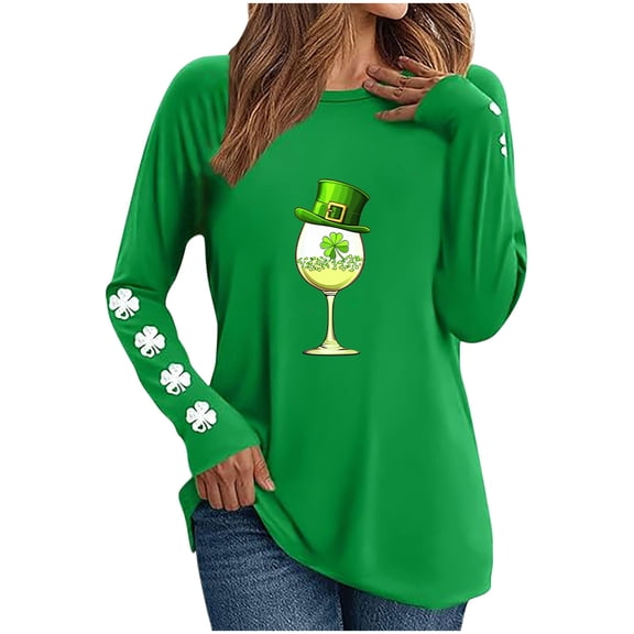Women's St Patricks Day Print Long Sleeve Top, Green Loose Fit Casual Shirt with Chest Shamrock Funny Holiday Festival Crewneck Tee for Casual Wear