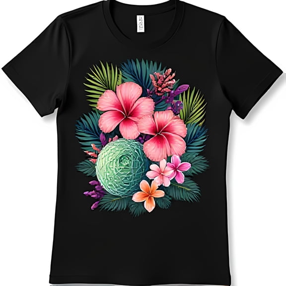 Vibrant Tropical Floral Graphic Black T-Shirt with & Plumeria Design