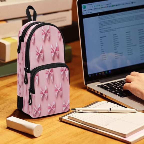 Backpack Pencil Case, 3 Compartment Large Capacity Oxford Fabric Pencil Pouch / Pink Simple Bows