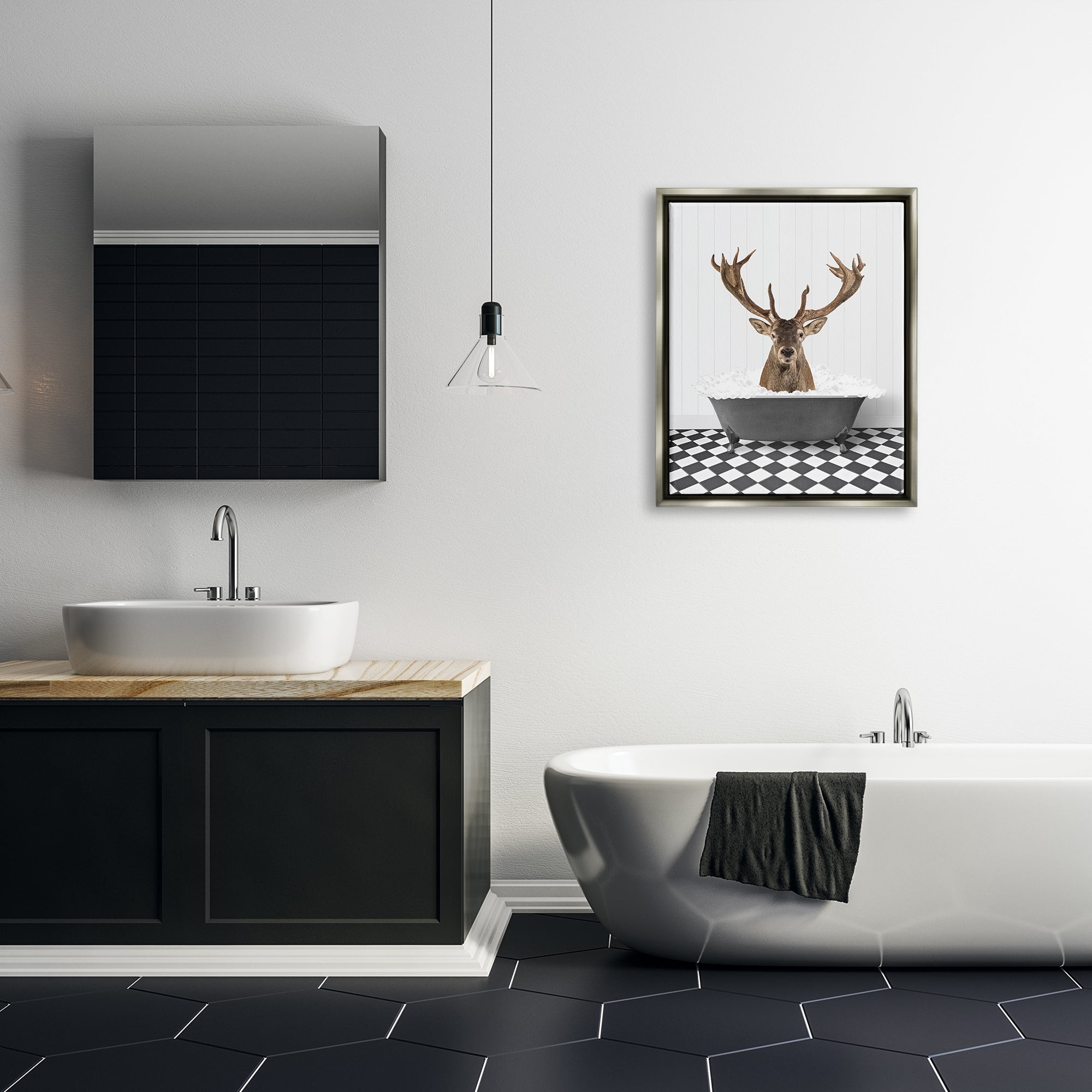 Stupell Industries Deer in Vintage Bathroom Animals & Insects Painting Gray Floater Framed Art Print Wall Art, 25 x 31