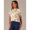 thumbnail image 2 of DARING DIVA Women's Floral Ruffled Neck Short Sleeves Top Blouse S Beige-Floral, 2 of 6