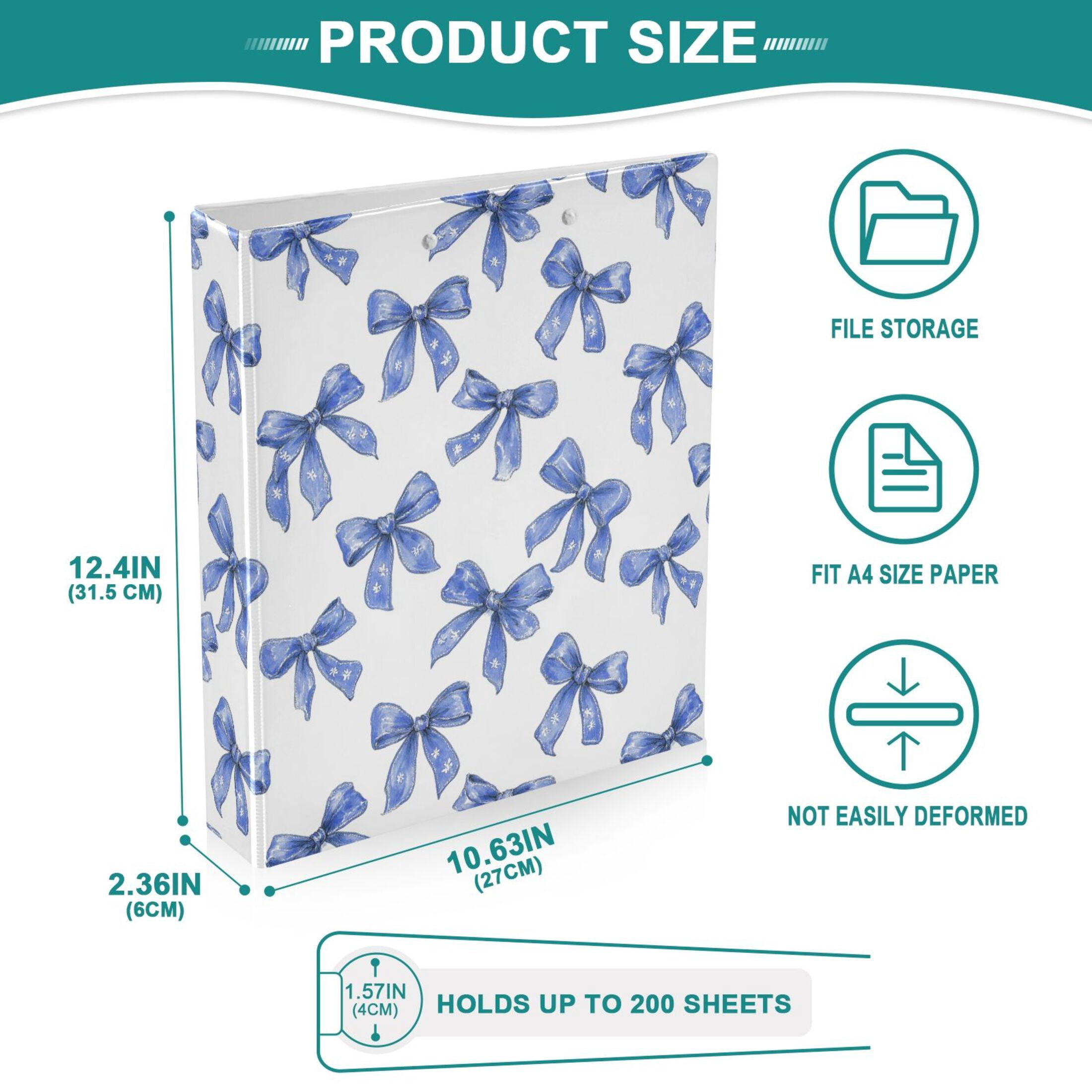 Three Ring Binder Blue Bows and Flower 1.5 Inch Round Binder D-Rings for Office Supplies and More