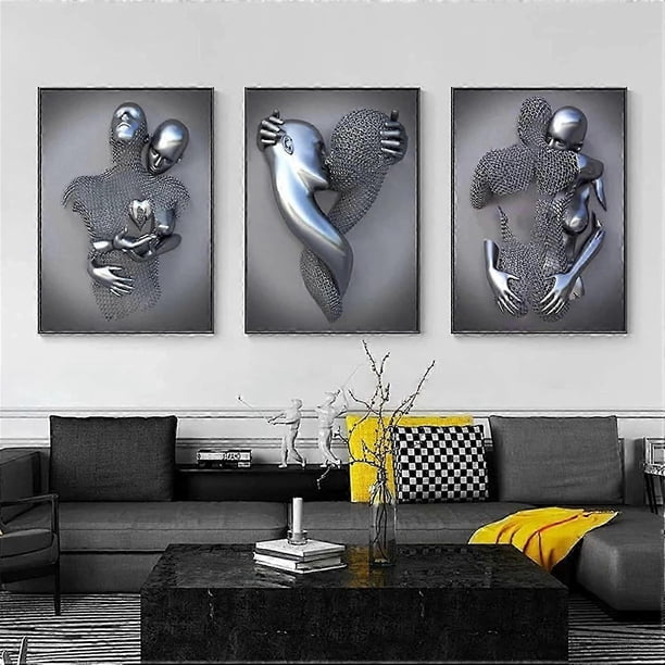 Art Modern Poster Set of 3 - 3D Metal Figure Statue Art Love Heart Kiss Pictures Wall Art Decoration - Without Frame - Wall Decoration Wall Living Roo