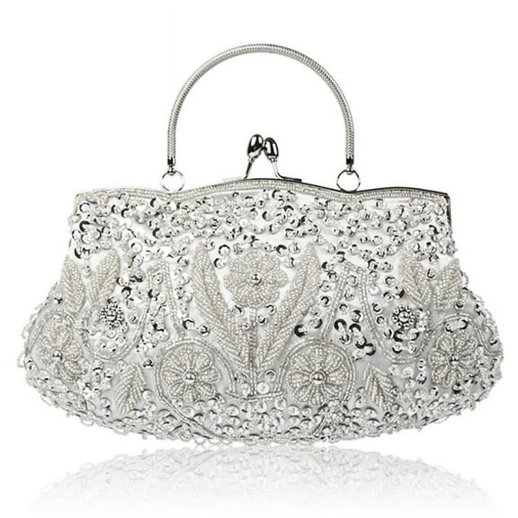 Clutch Bag for Women, Vintage Floral Beaded Sequin Handbag, Evening Bags, Silver