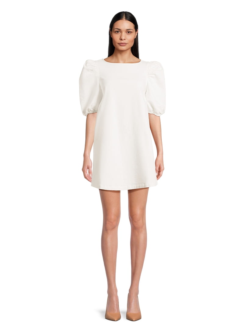 white denim dress puff sleeve ASOS DESIGN denim mini dress with collar and puff sleeves in ecru