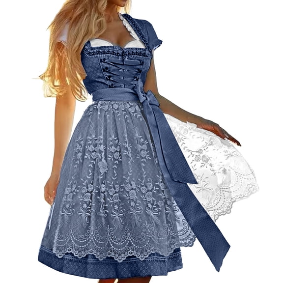 Womens German Oktoberfest Dirndl Dress - Short Sleeve Bavarian for Stage Performance