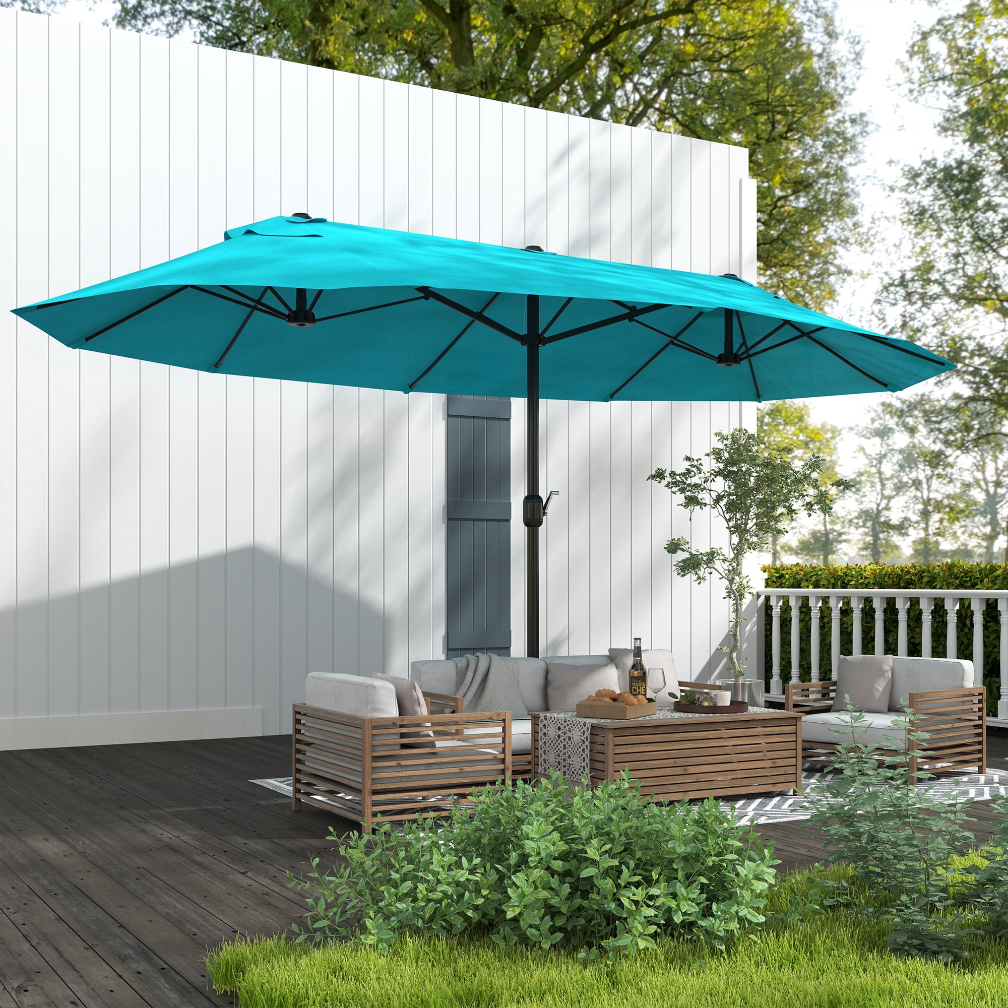 Outsunny Extra Large 15ft Patio Umbrella, Double-Sided Outdoor Umbrella with Crank Handle and Air Vents for Backyard, Deck, Pool, Market, Light Blue