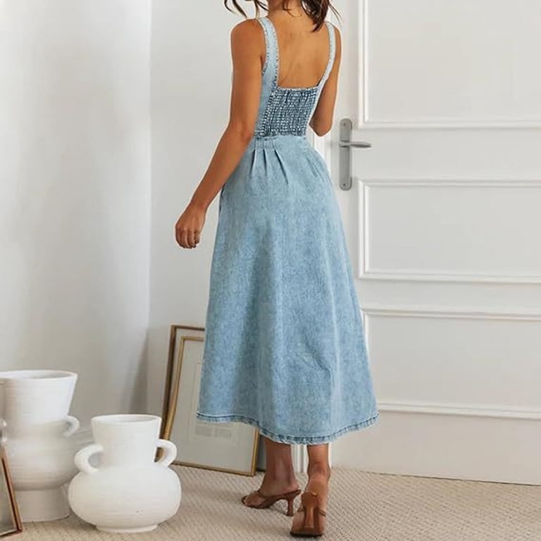 denim cami dress Denim Spaghetti Strap Front Button Cami Dress