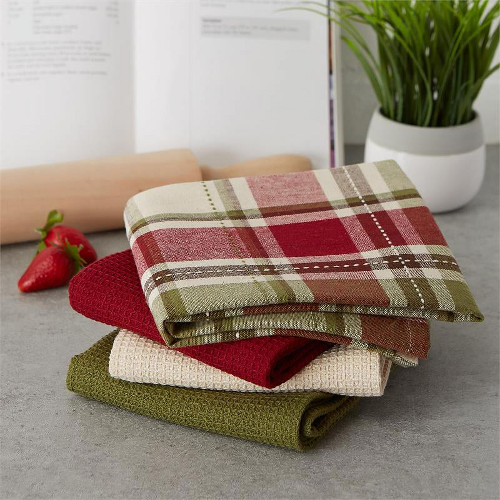 4 New Threshold Red/Green Plaid Kitchen Towels